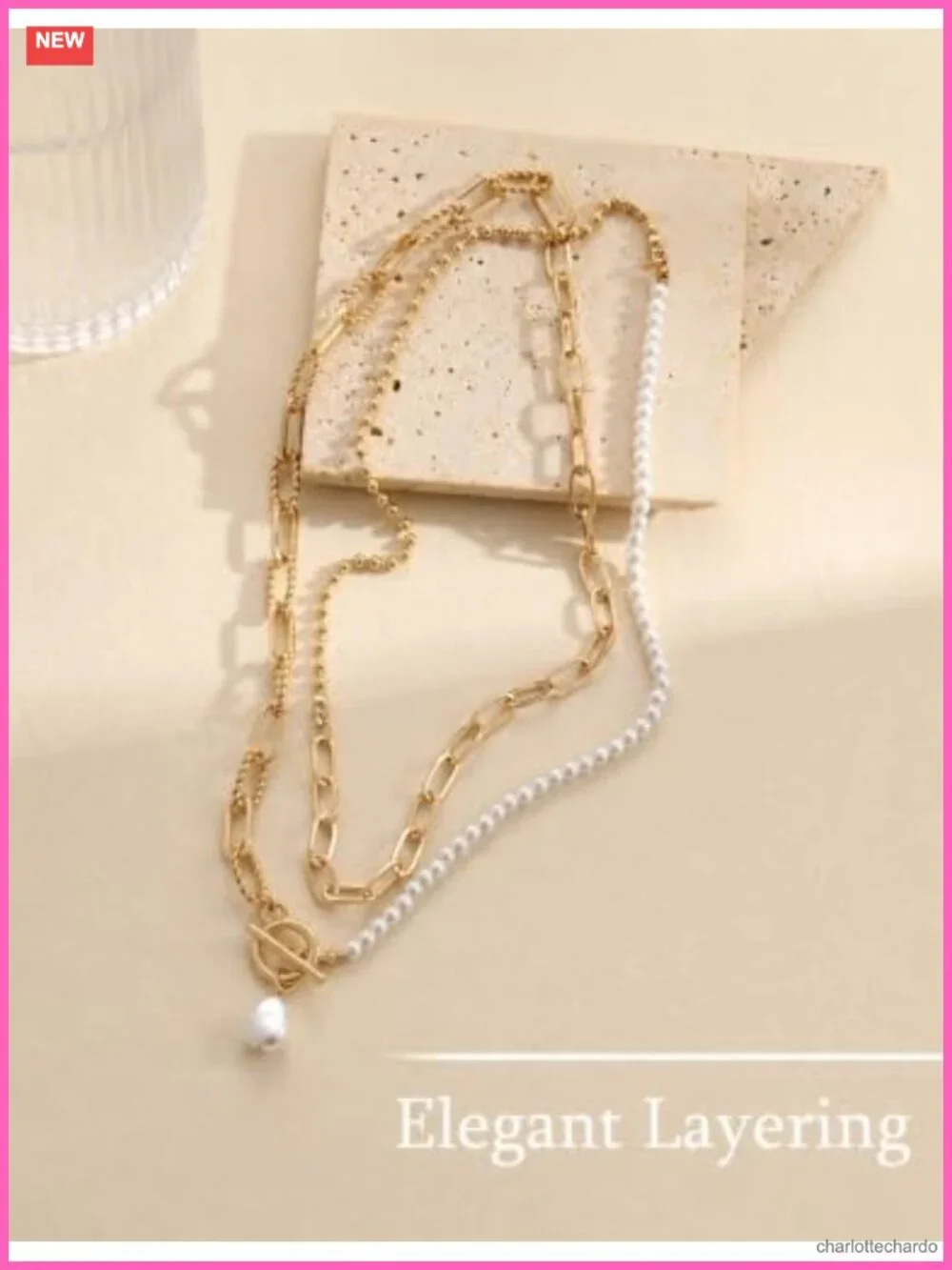 14K Gold Plated Layered Pearl Chain Necklace with Toggle Clasp